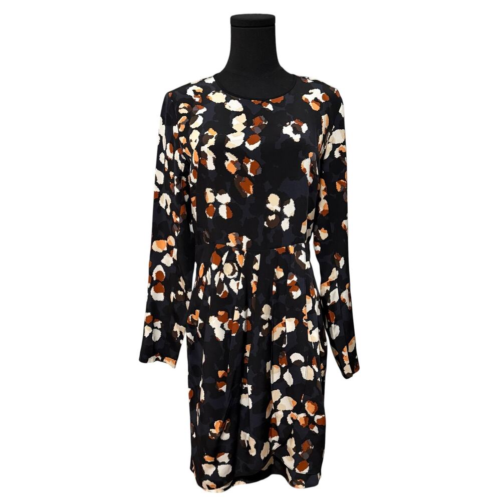 Club Monaco Paget Silk Dress Long Sleeve Pleated Print Navy Blue Black Size 6
